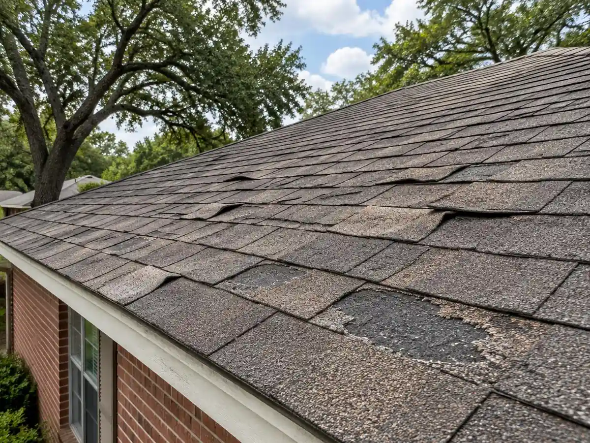 Aging shingle roof with curling tabs and bare spots on a ranch home in Farmers Branch, TX
