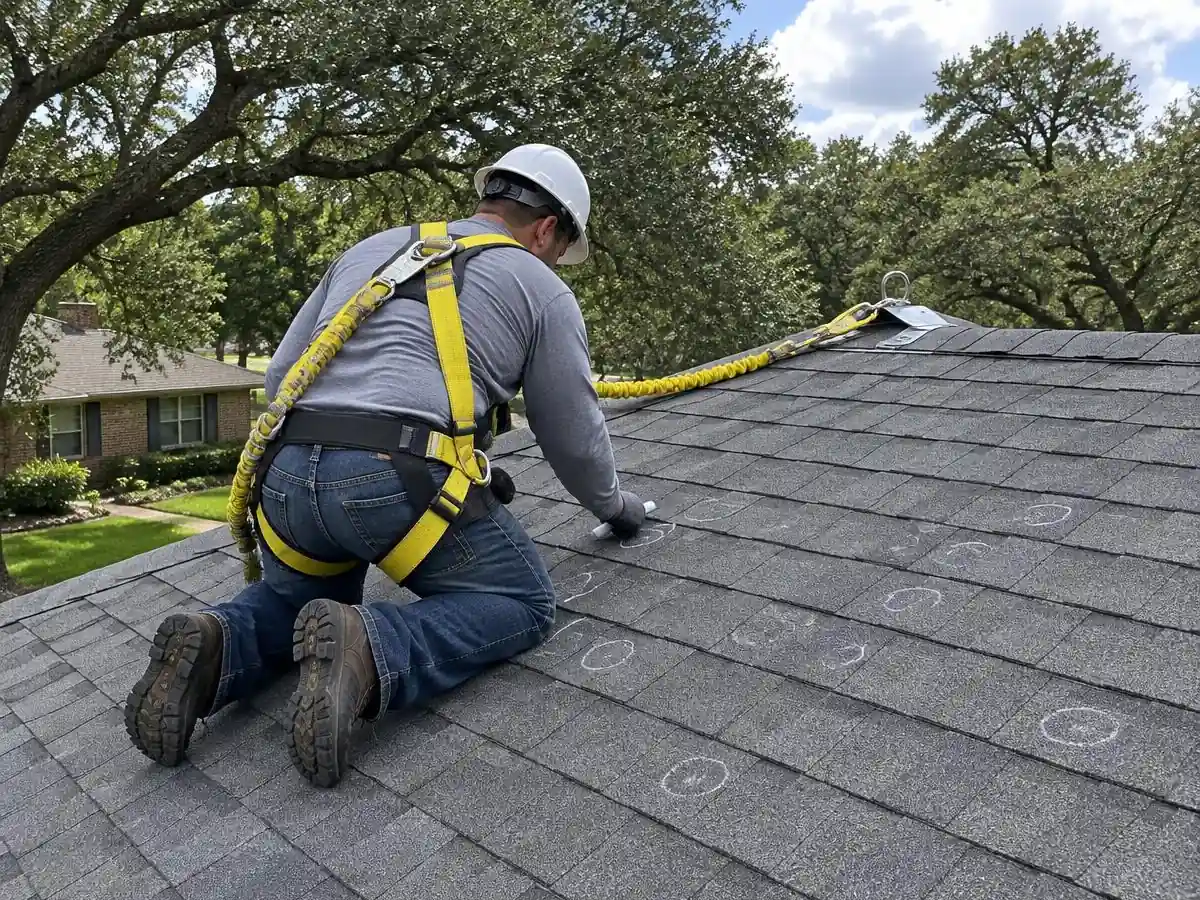 Roofer in a harness marking hail hits on a shingle roof in Farmers Branch, TX