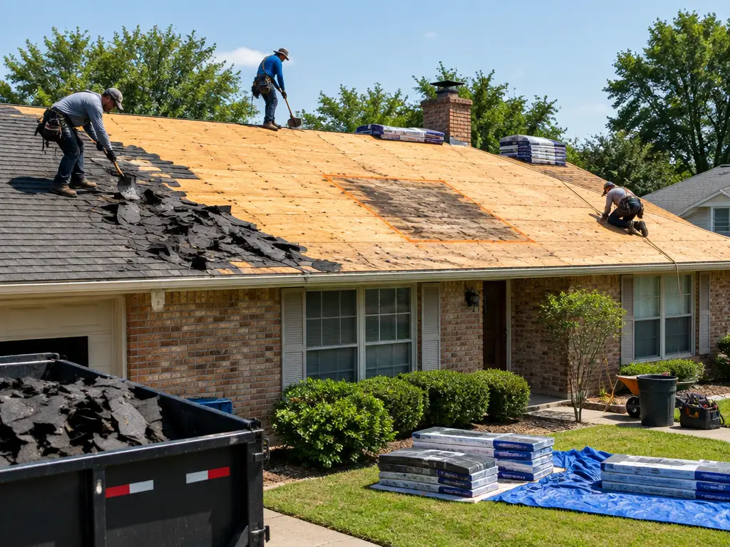 Roof replacement tear-off exposing decking on a Farmers Branch home