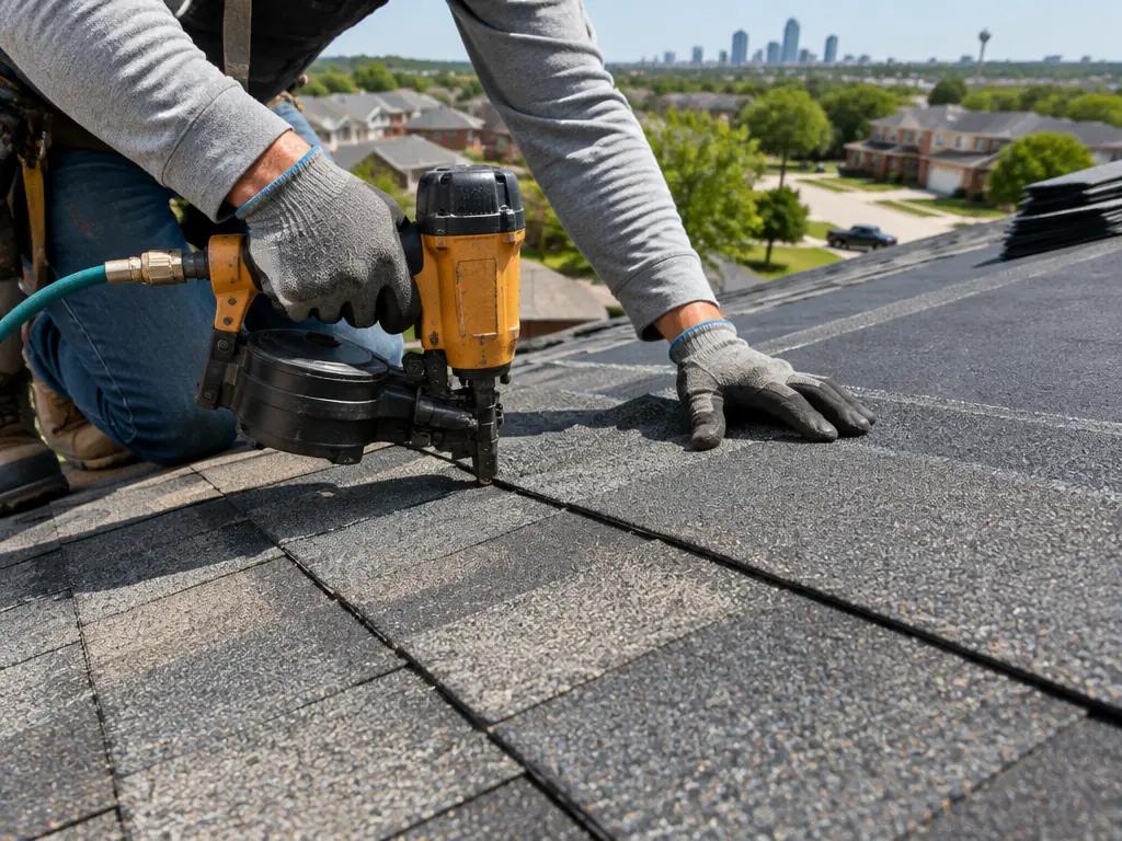 Architectural asphalt shingles being aligned on a residential roof in Carrollton