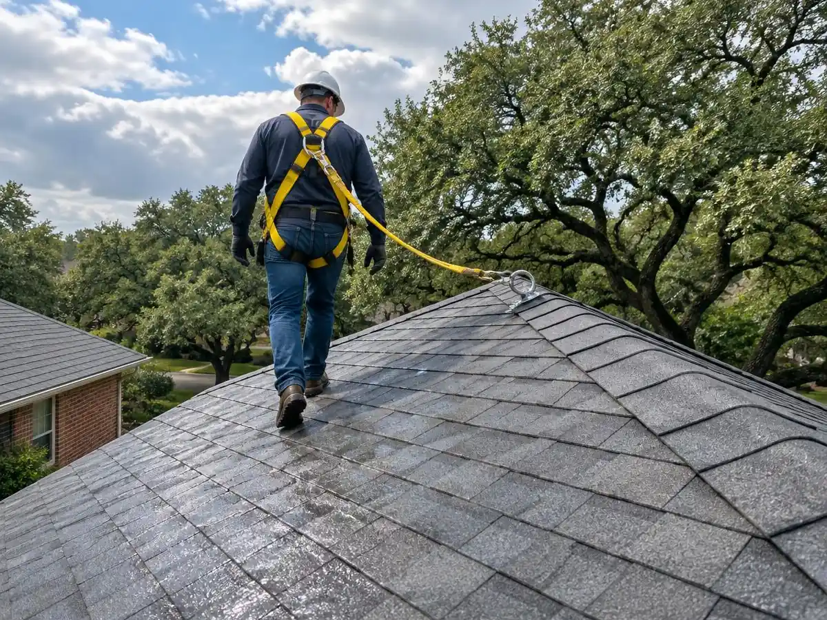 Roofer inspecting an impact-resistant shingle roof after a hailstorm in Farmers Branch, TX