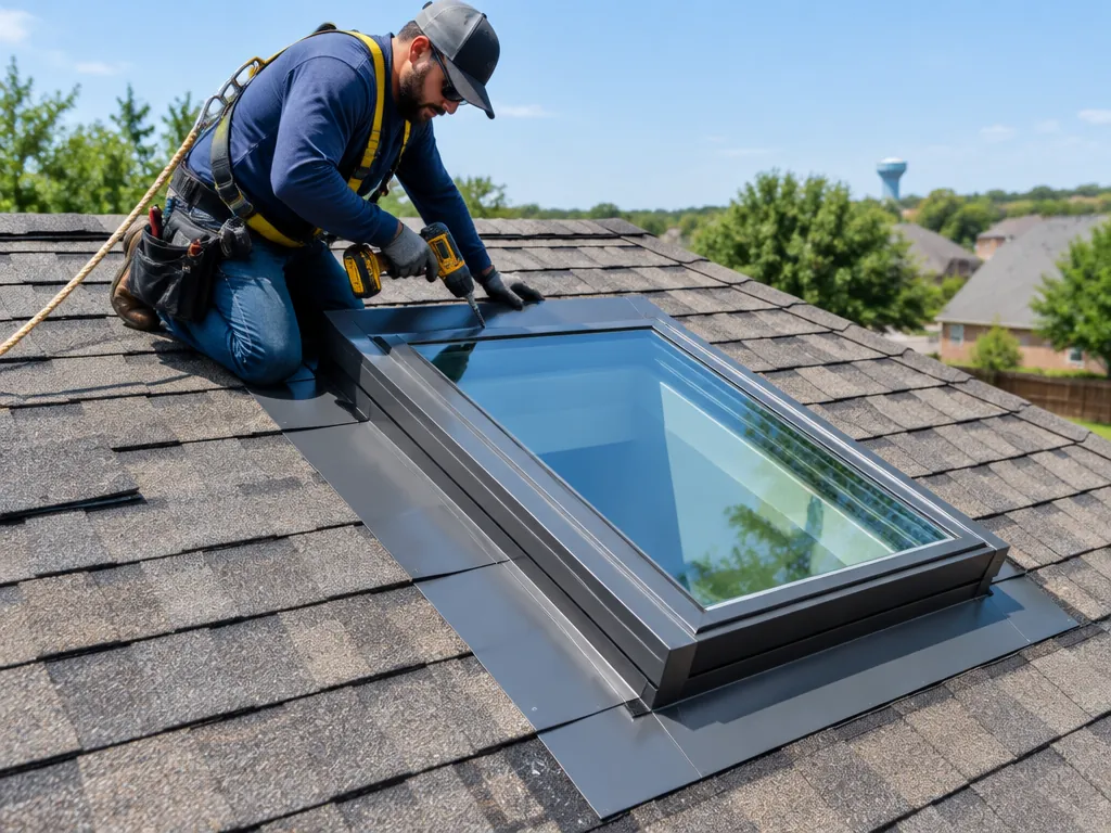 New skylight being flashed into an asphalt shingle roof in Carrollton