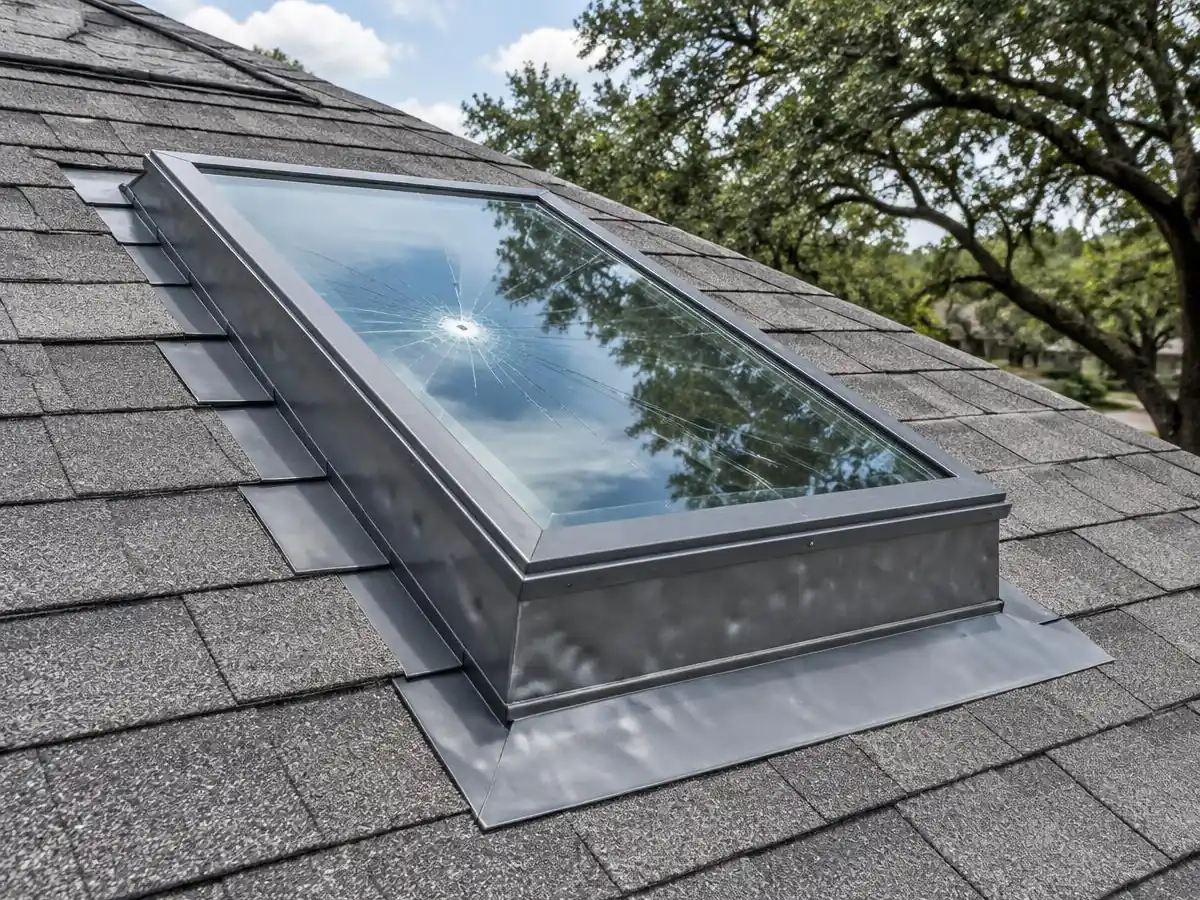 Hail-cracked skylight glass and dented flashing on a roof in Farmers Branch, TX