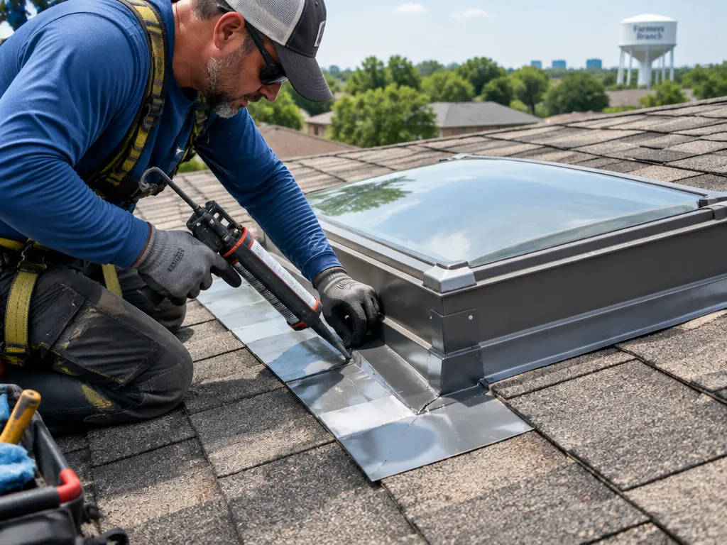 Roofer repairing failed skylight flashing on a Farmers Branch home