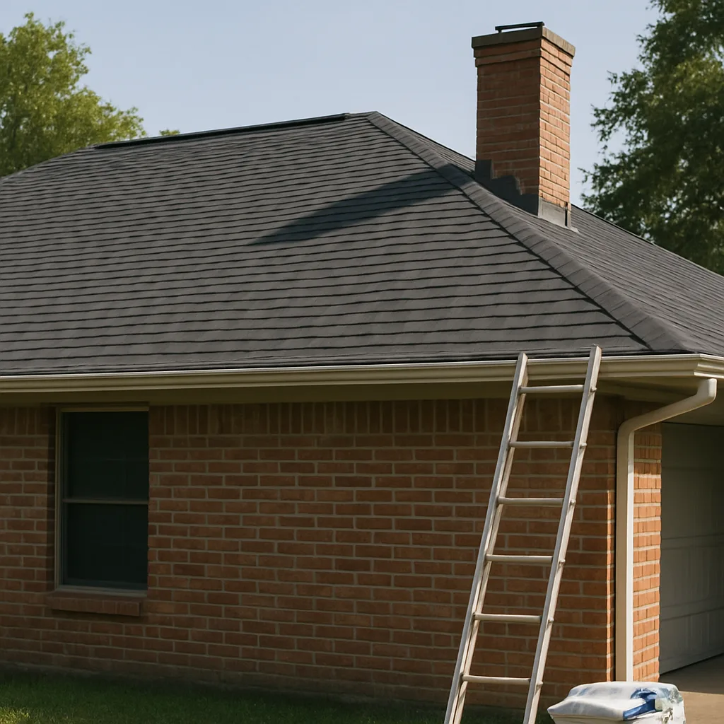 Completed dark asphalt shingle roof installation on a single story brick home in Farmers Branch, Dallas County, TX