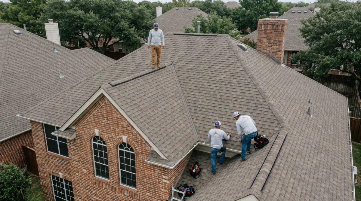 Completed asphalt shingle roof installation on a home in Farmers Branch, Dallas County, TX