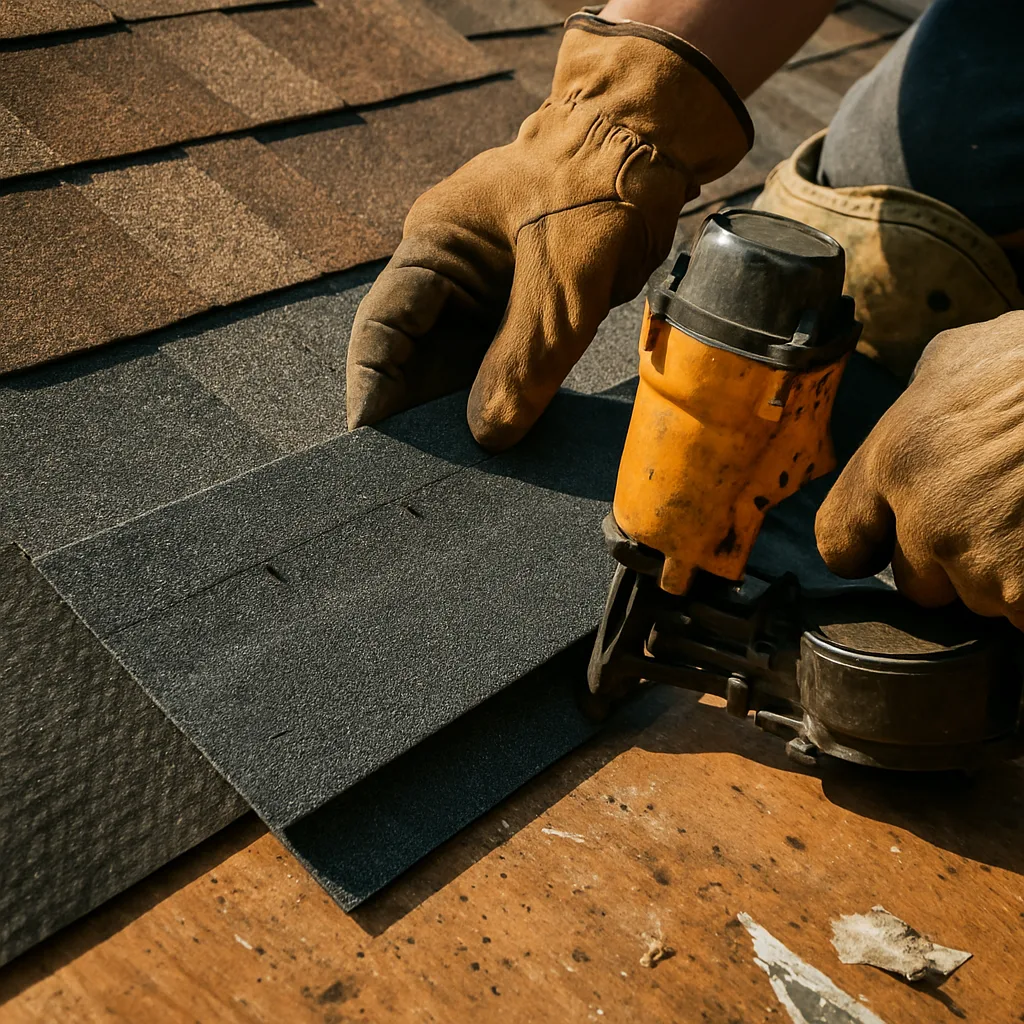 Roofer fastening an architectural asphalt shingle with a coil nailer during a roof installation in Farmers Branch, Dallas County, TX