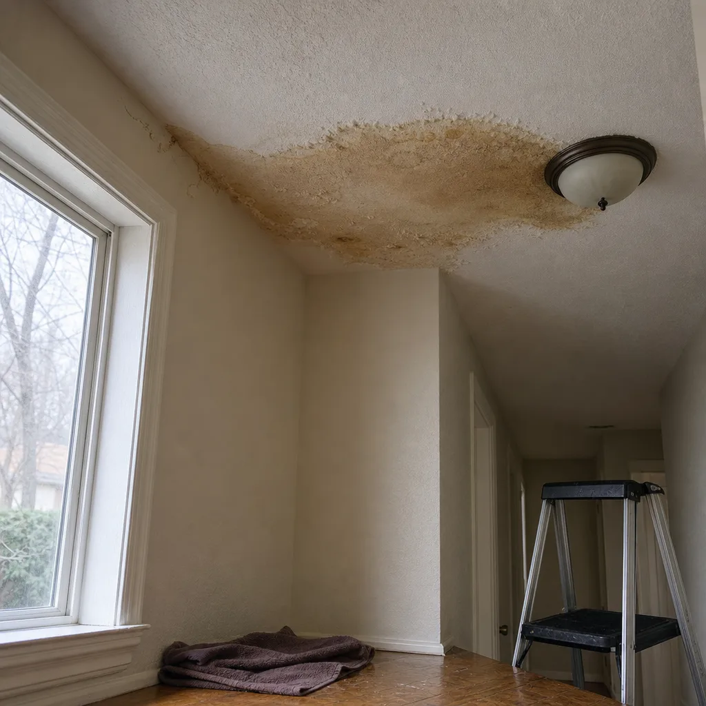 Brown water stain spreading across a hallway ceiling, with a towel and step ladder below, inside a Farmers Branch home