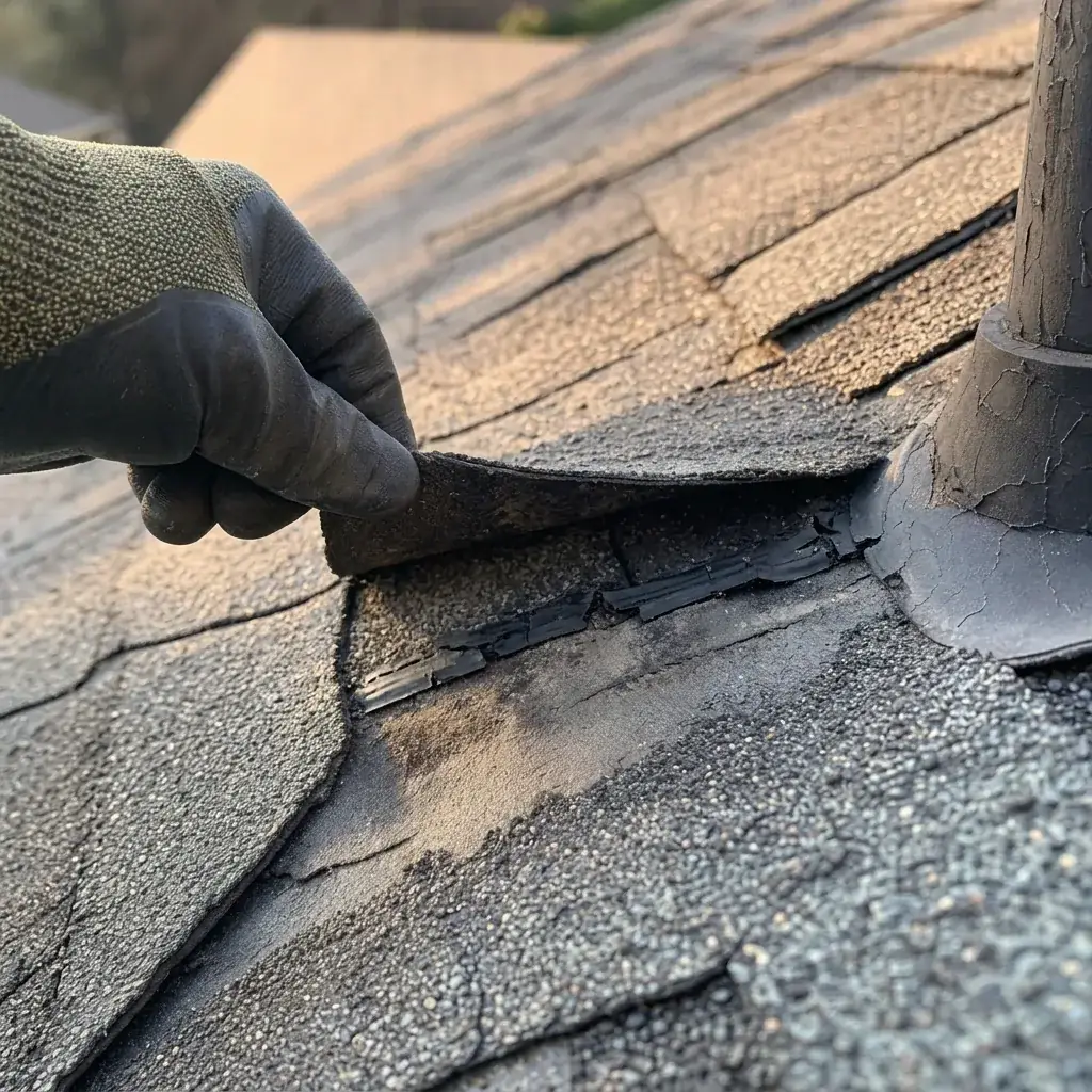 Gloved hand lifting a weathered asphalt shingle to show a broken sealant strip and wind crease beside a cracked vent boot on a Farmers Branch roof
