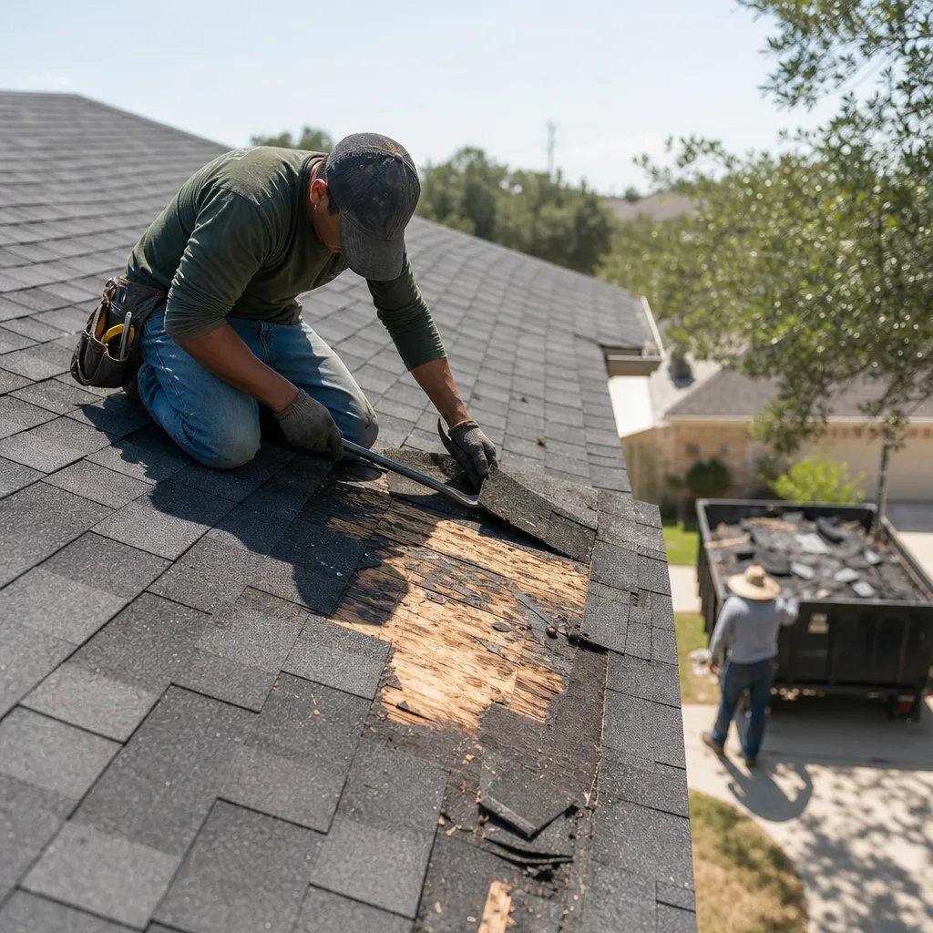 Roofer prying up damaged shingles to expose water-stained decking, with a debris trailer in the driveway of a Farmers Branch home