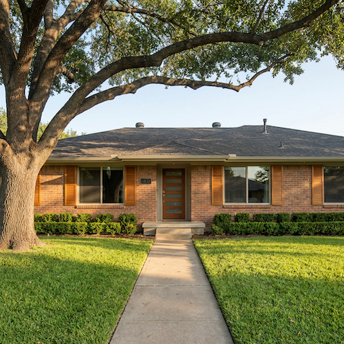 Completed roof replacement on a brick ranch-style home with mature trees in Dallas, Dallas County, TX