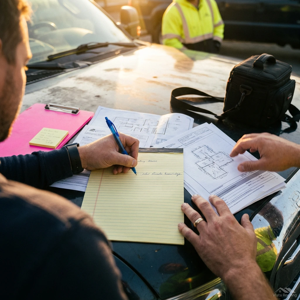 Roofing contractor reviewing permit paperwork and roof plans on a job site in Arlington, TX