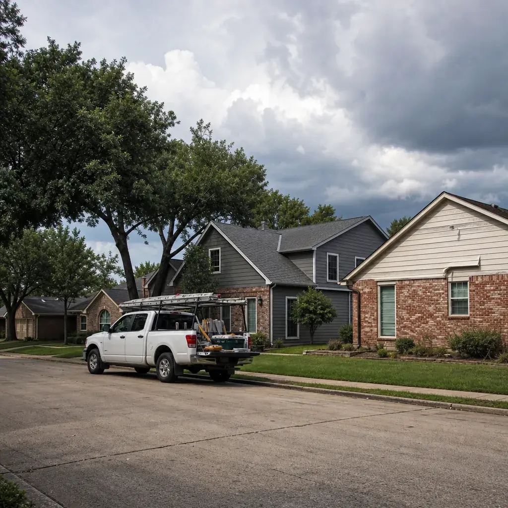 Work truck parked on a residential street of single-family homes in Farmers Branch