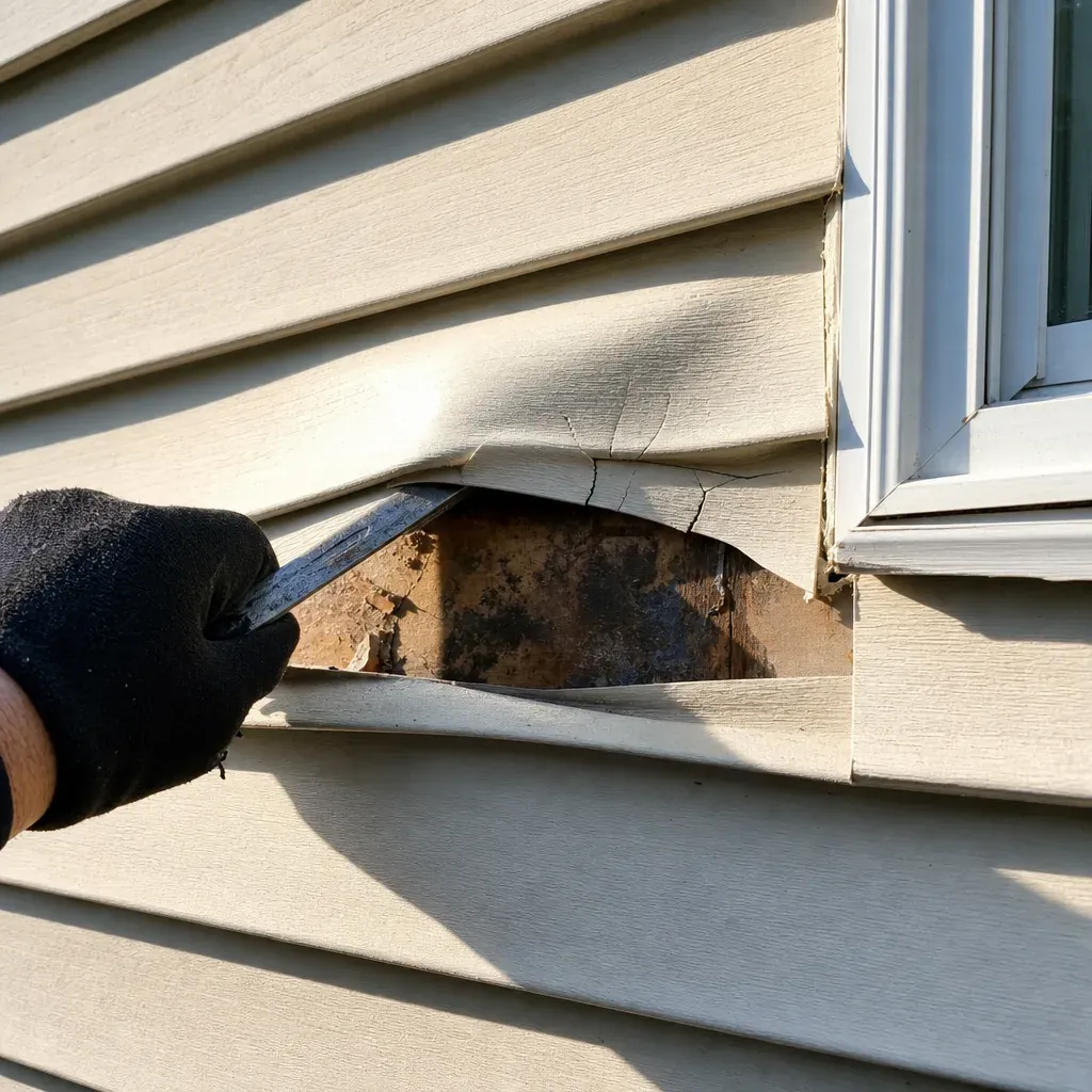 Close-up of damaged siding with water staining beneath the panel edge on a Farmers Branch home