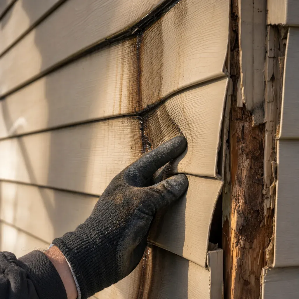 Close-up inspection of soft siding and water staining near damaged boards on a Farmers Branch home