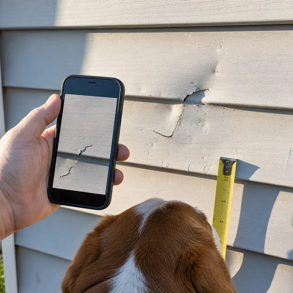 Siding damage being photographed and documented for an insurance claim in Farmers Branch