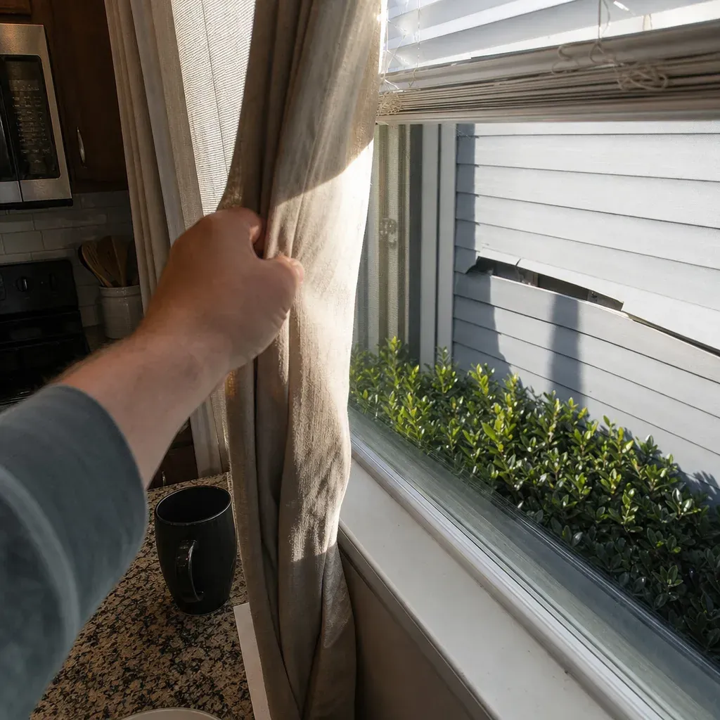 Homeowner in Farmers Branch looking at dents, waves, and loose edges across a siding wall