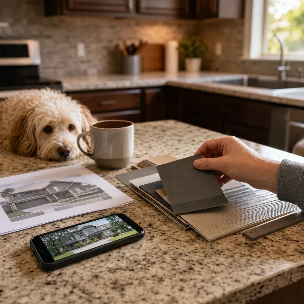 Siding material samples and estimate paperwork on a kitchen table in a Farmers Branch home