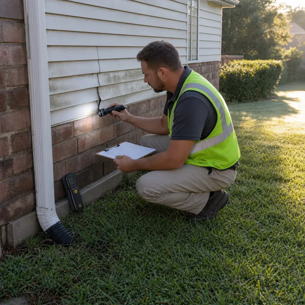 Person checking an exterior siding wall with a moisture meter on a Farmers Branch home