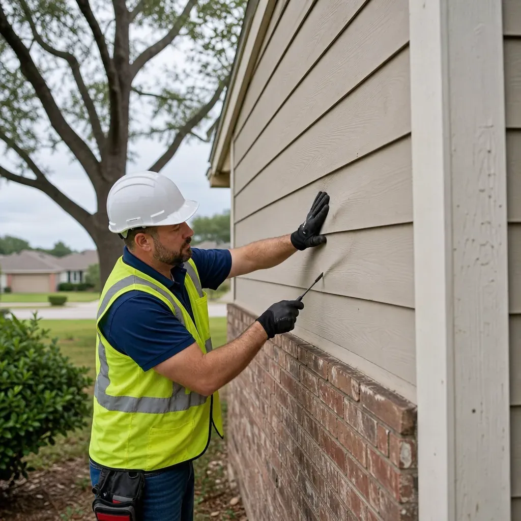Close visual check of vinyl siding panels on a Farmers Branch home