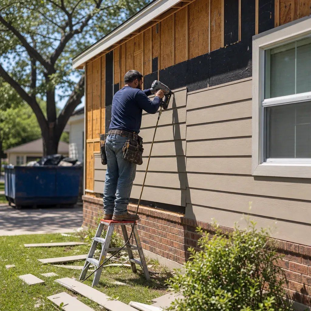 New siding panels covering the full elevation of a house in Farmers Branch