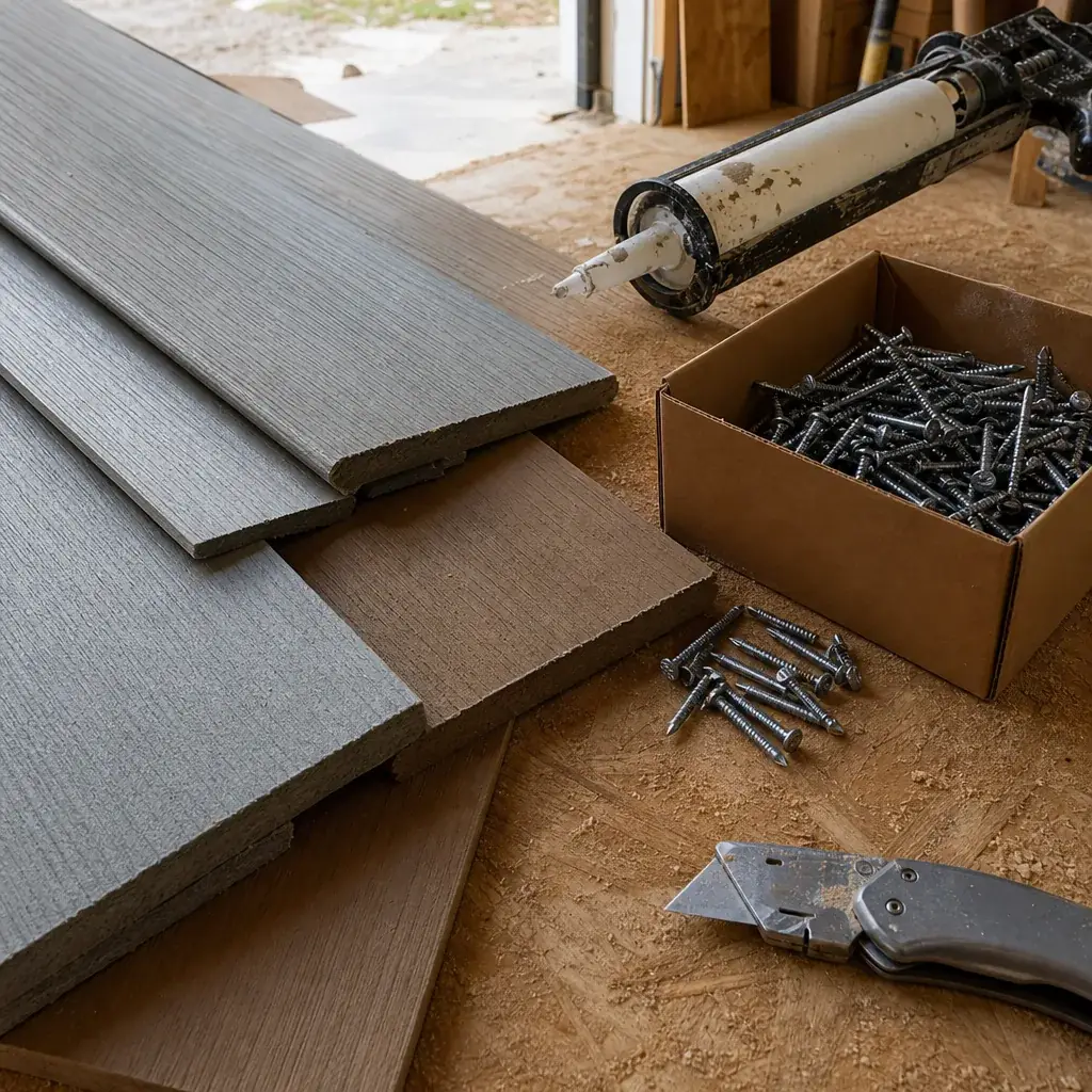 Siding panels, trim pieces, and installation tools laid out on a Farmers Branch jobsite