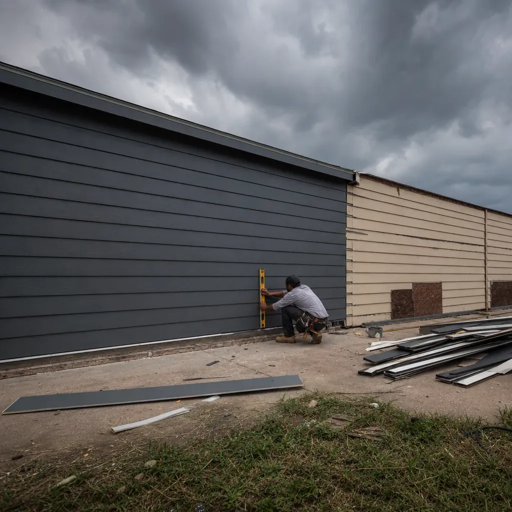 House wall in Farmers Branch showing a partial siding repair beside a full elevation replacement
