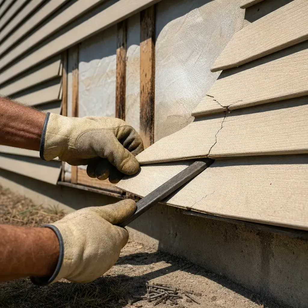 Worker removing a cracked siding panel from a house wall in Farmers Branch