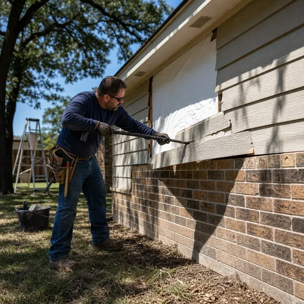 Damaged siding panel being removed from an exterior wall in Farmers Branch