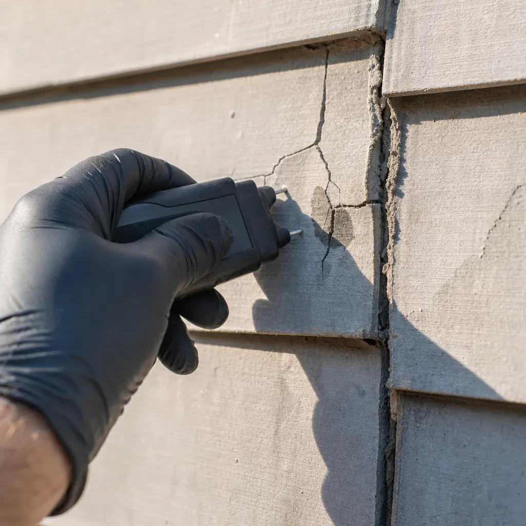 Moisture meter checking siding near a damaged section of wall in Farmers Branch