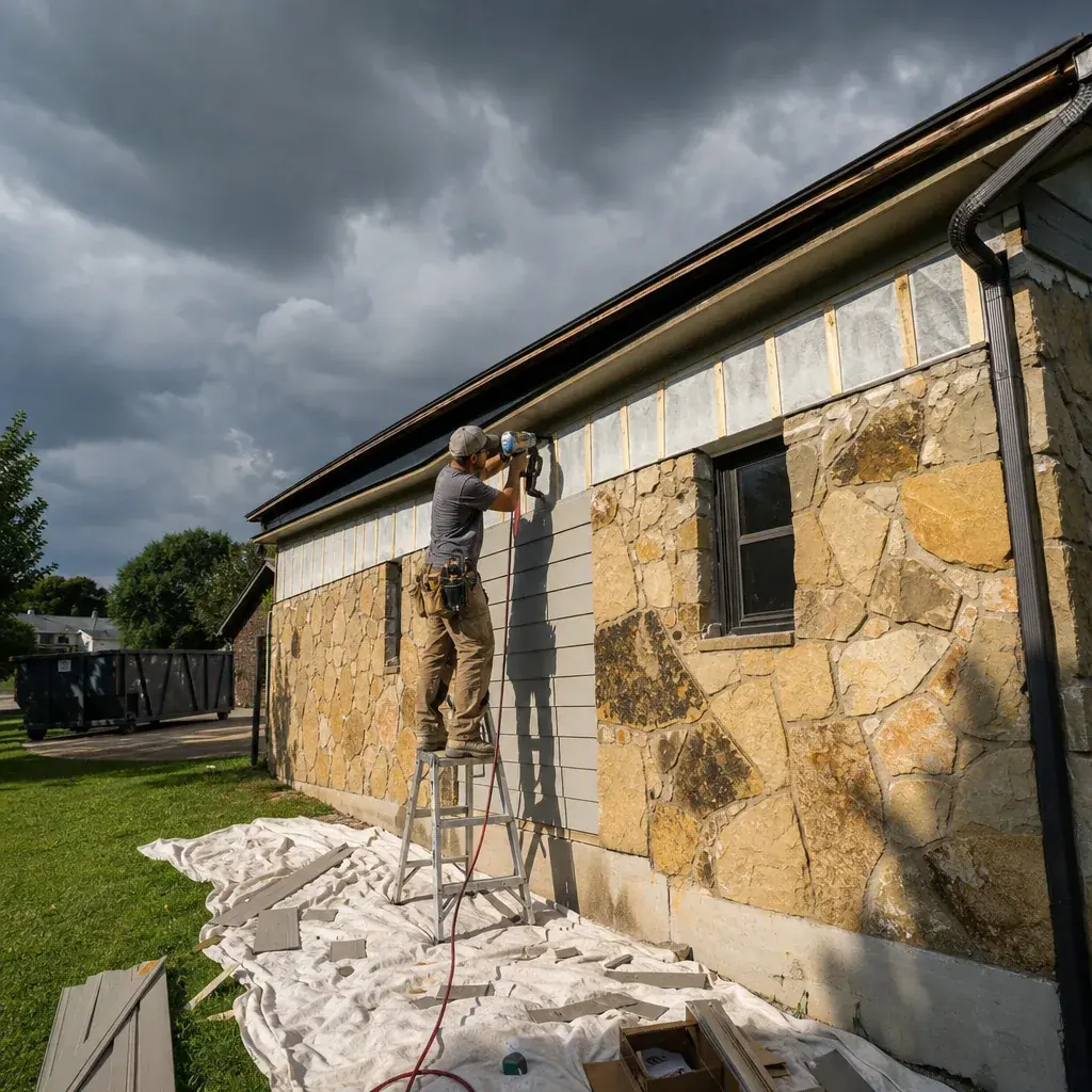 Siding board being fastened to an exterior wall with a nail gun in Farmers Branch