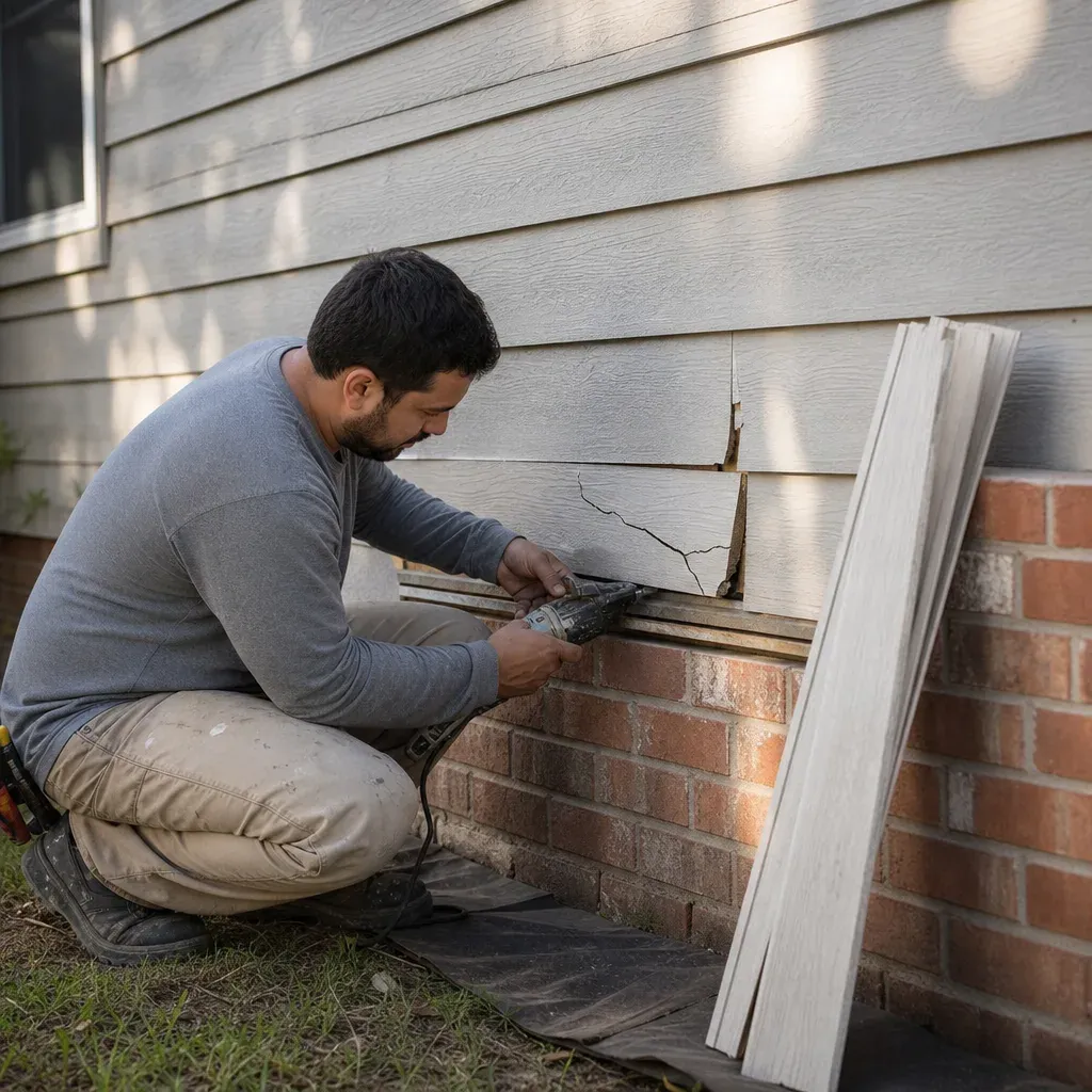 A single damaged siding panel being replaced while nearby boards stay in place on a Farmers Branch home