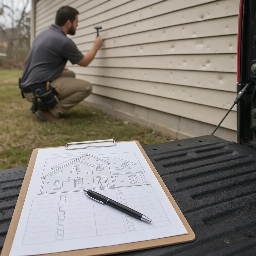 Close inspection of storm damage marks across exterior siding panels in Farmers Branch