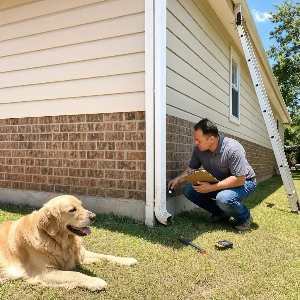 Person walking beside a Farmers Branch home's foundation while inspecting the lower siding courses