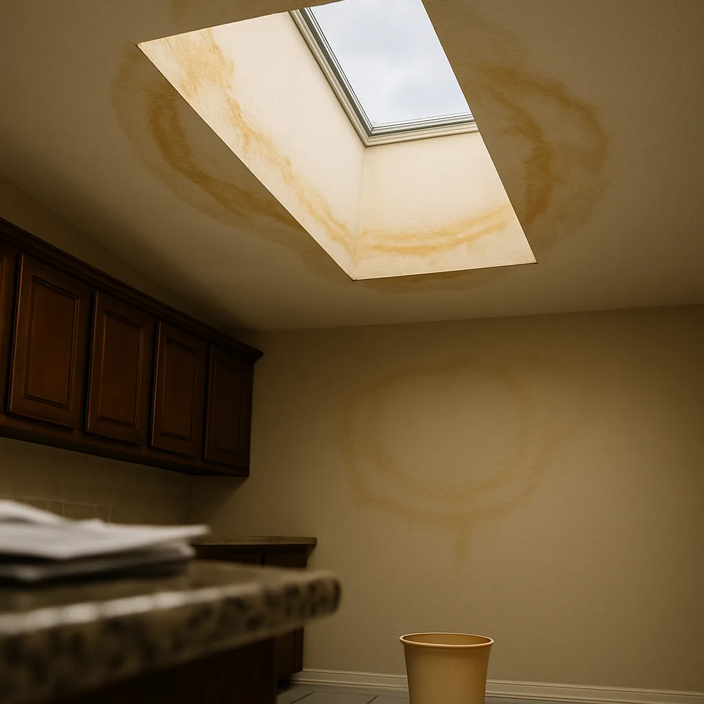 Water staining spreading across the ceiling and shaft around a leaking skylight in a Farmers Branch, TX home.