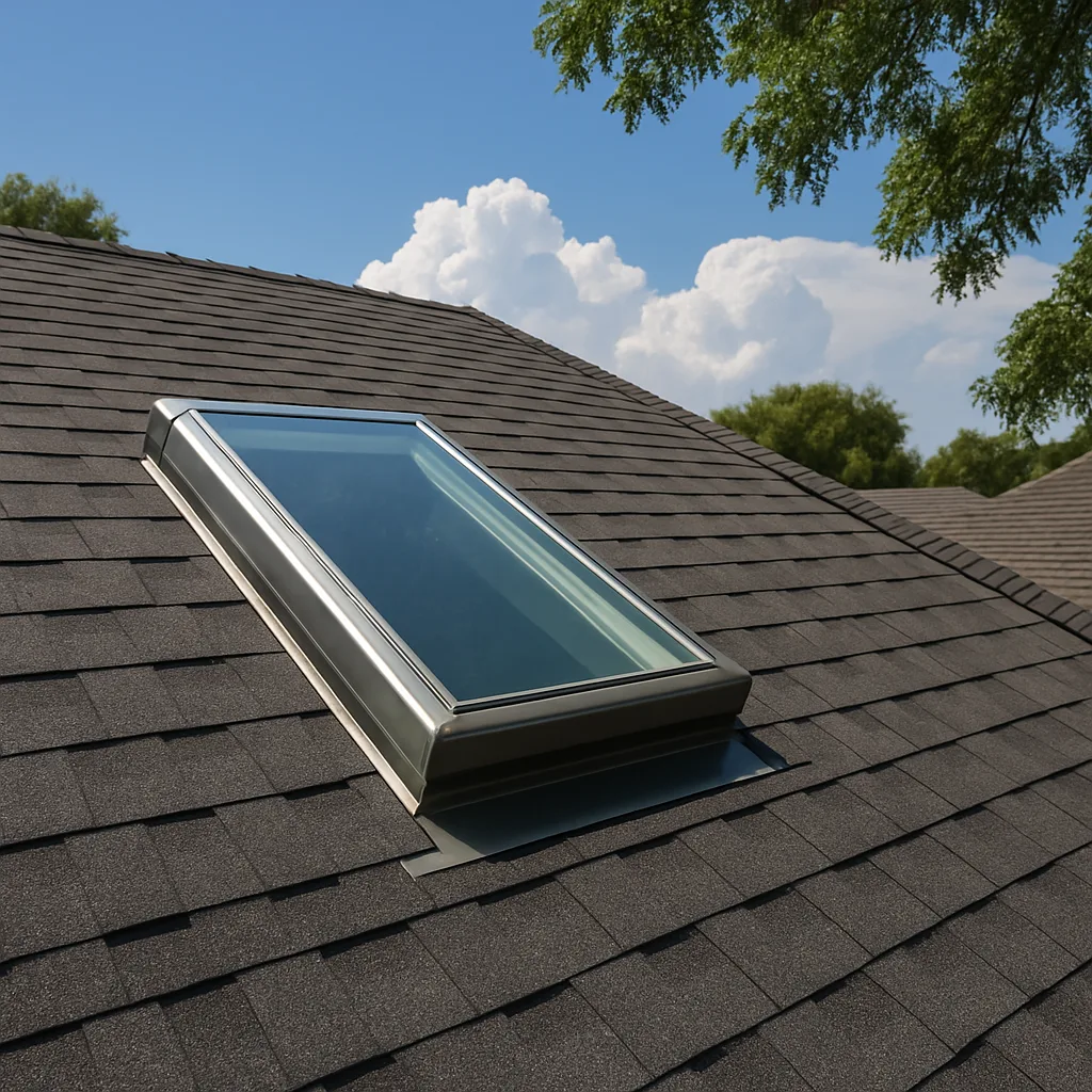 Skylight with flashing tied cleanly into the surrounding shingles on a residential roof in Farmers Branch, TX.