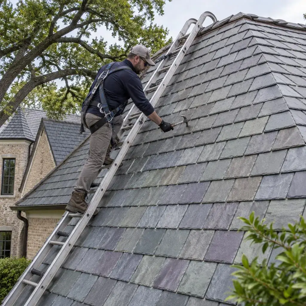 Harnessed inspector on a roof ladder tapping a natural slate with a small hammer in Preston Hollow, Dallas