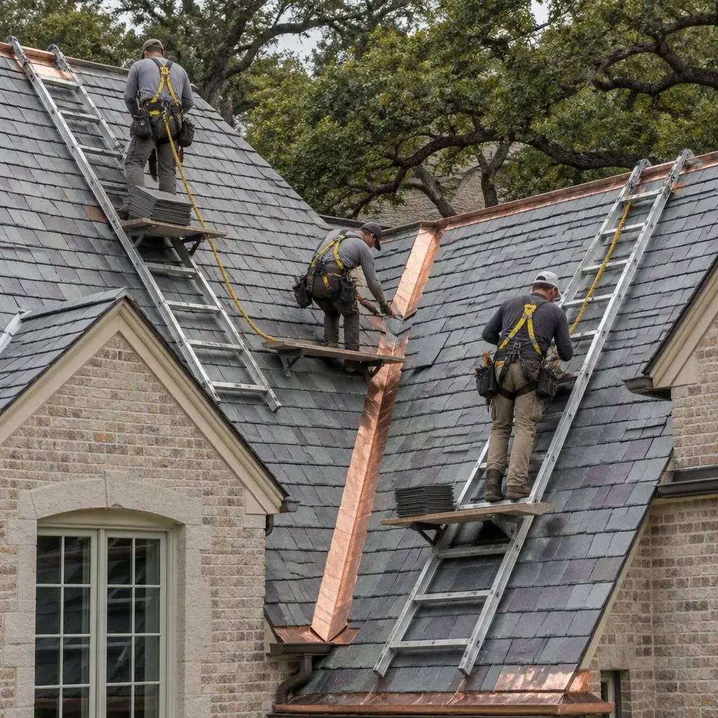 Harnessed crew on roof ladders setting new slate along copper valley flashing in University Park