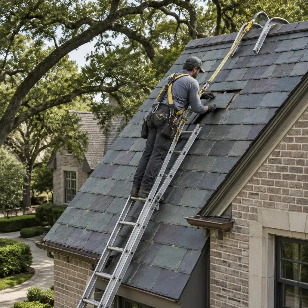 Harnessed roofer on a roof ladder sliding a replacement slate into place on a Highland Park home
