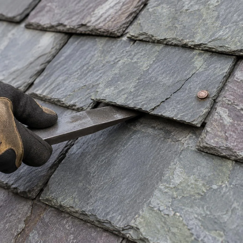 Gloved hand using a slate ripper beneath a cracked roof slate beside a copper nail in Highland Park