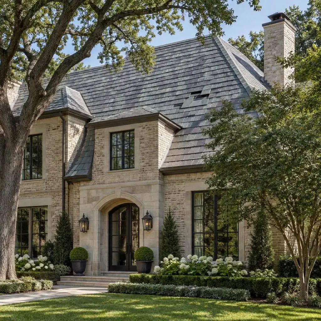 Slate roof with one stone sitting lower than its neighbors on a University Park home