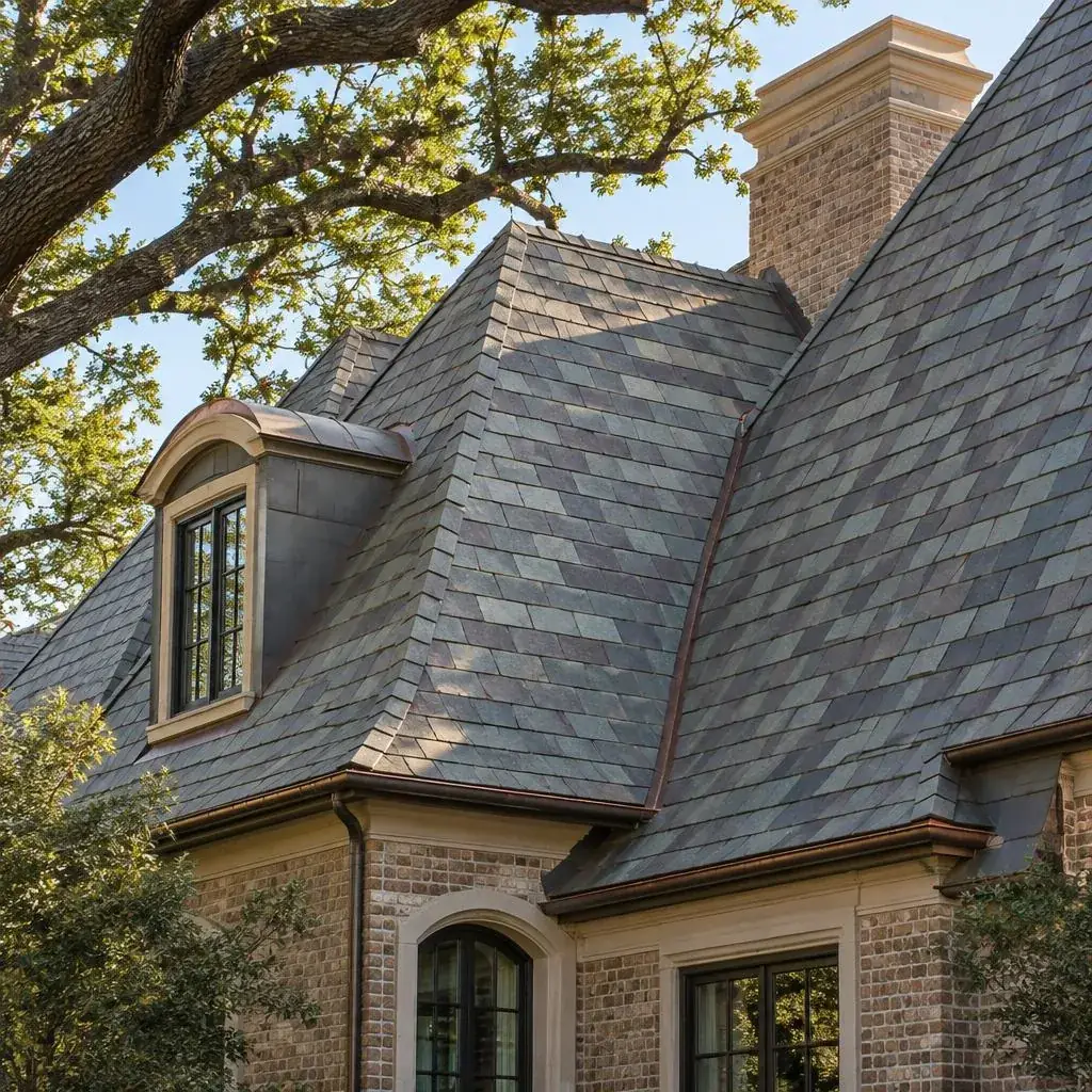Older intact slate roof with natural gray, green, and purple color variation in Preston Hollow, Dallas