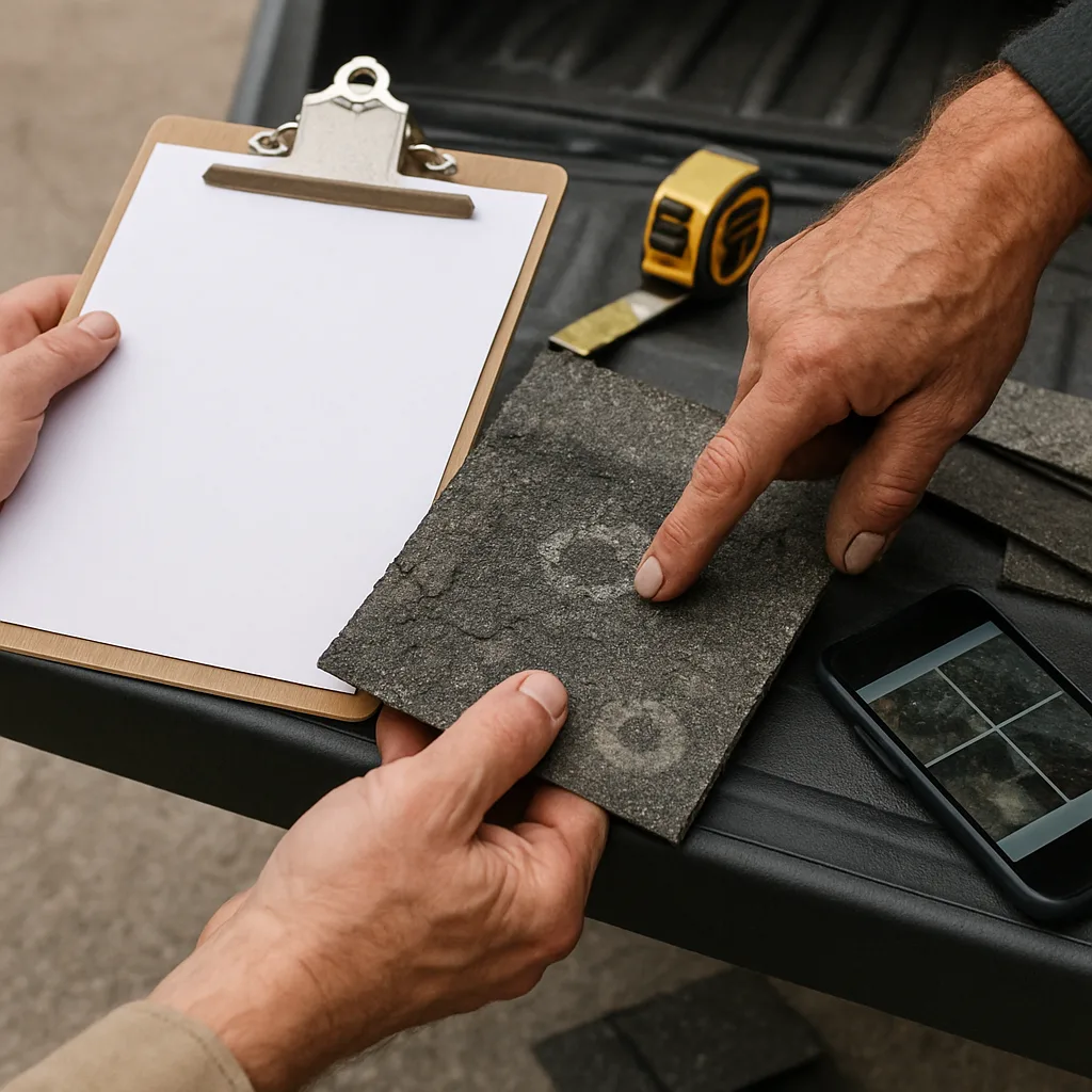 Roofer showing a homeowner hail impact marks on a shingle sample during a storm damage inspection in Farmers Branch, Dallas County, TX