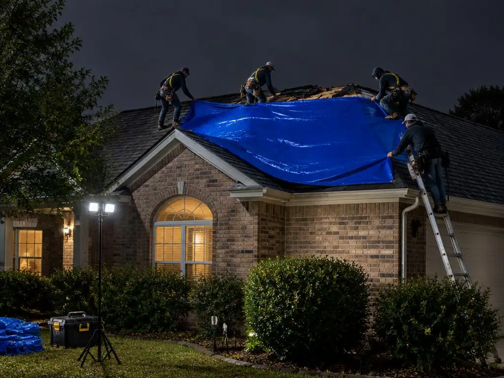 Emergency Roof Repair Carrollton: Night Tarp Installation Crew installing a temporary roof tarp at night during an emergency roof repair in Carrollton