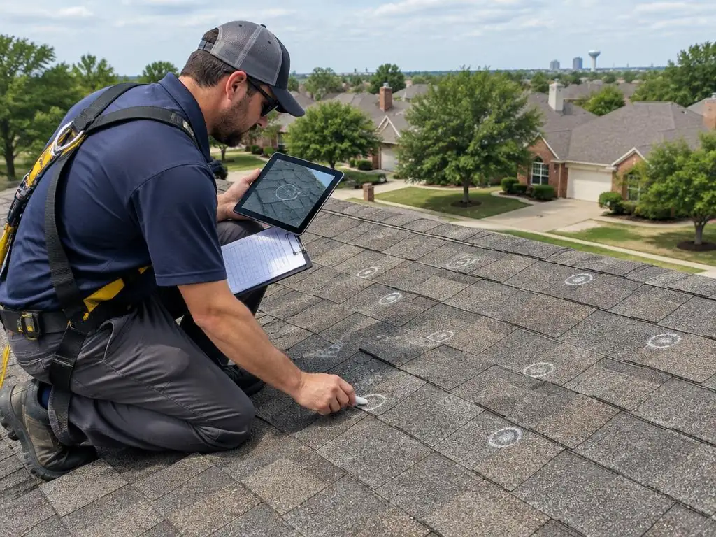 Hail Damage Assessment Farmers Branch: Photos and Notes Contractor documenting roof impacts with photos and notes during a hail damage assessment in Farmers Branch