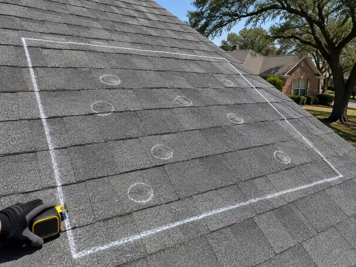 Hail test square marked on a roof slope during an inspection in Farmers Branch, TX