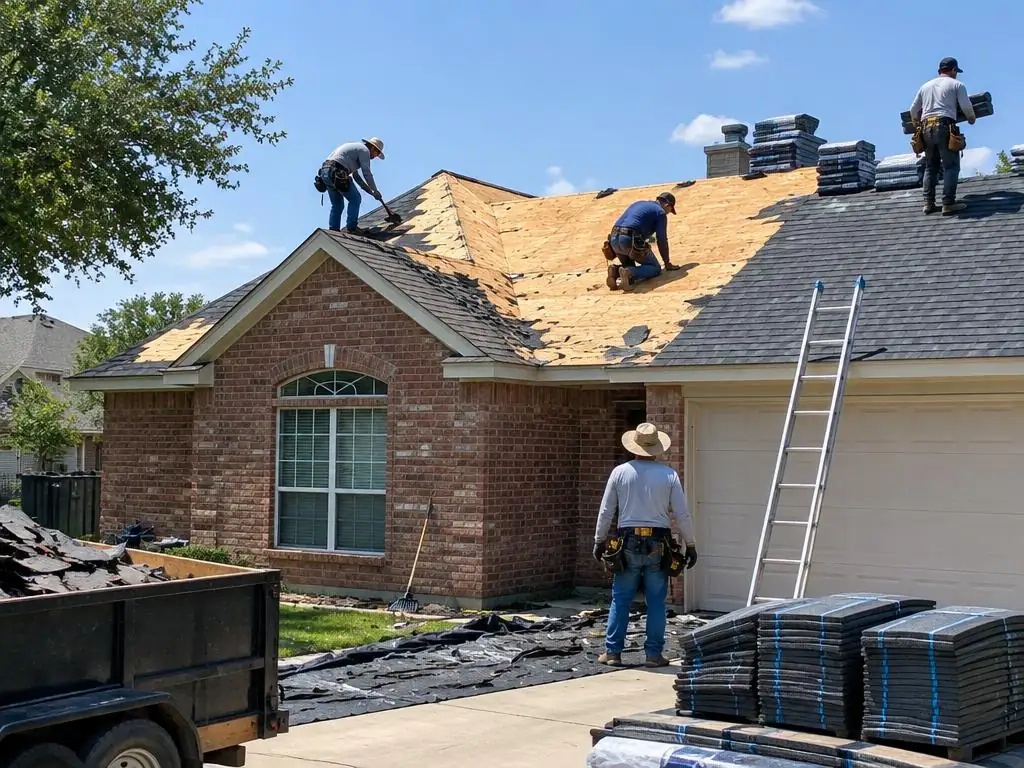 Hail Damage Roof Replacement Farmers Branch: Decking Inspection Roofing crew inspecting decking during hail damage roof replacement in Farmers Branch