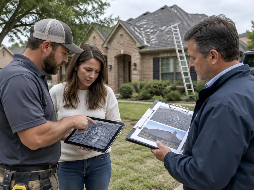 Roofing Insurance Claims Preston Hollow: Adjuster Meeting Homeowner, roofer, and adjuster reviewing roof damage during an insurance claim meeting in Preston Hollow