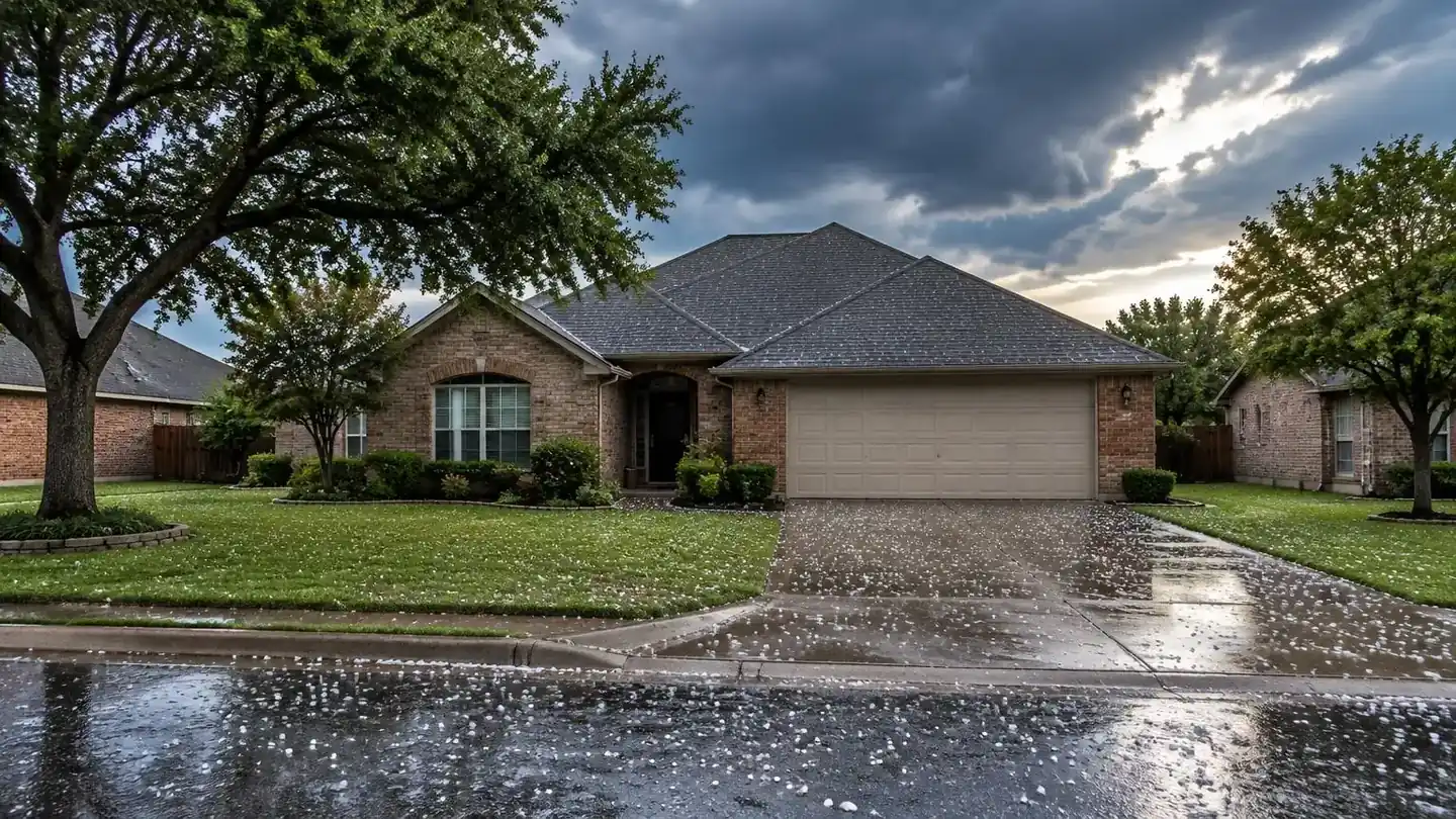 Storm and Hail Damage Roofing Farmers Branch: Clearing Hailstorm Storm clouds clearing over a hail-damaged brick home in Farmers Branch