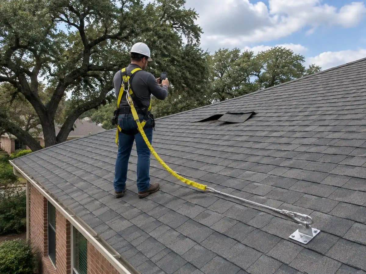 Roofer photographing wind-lifted shingles for an insurance claim in Farmers Branch, TX